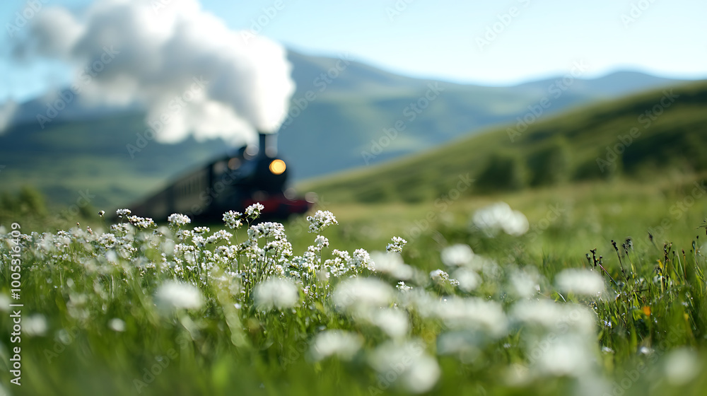 Fototapeta premium The steam train passes through the hills and the hillside of flowers