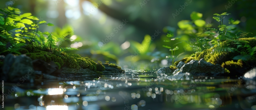 Fototapeta premium Shimmering Stream in a Sunlit Forest
