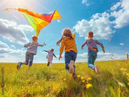 Rearview of happy joyful diverse boys and girls, kids playing outdoors, running and flying kite in the sunny spring - ai photo