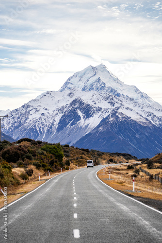 A stunning view of a snow-covered mountain towering above the landscape. A long road stretches into the distance, lined with dry vegetation. The image captures the vastness and natural beauty of this