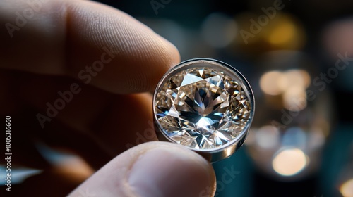 A jeweler inspecting a loose diamond with a magnifying glass, focusing on the stone clarity and cut photo