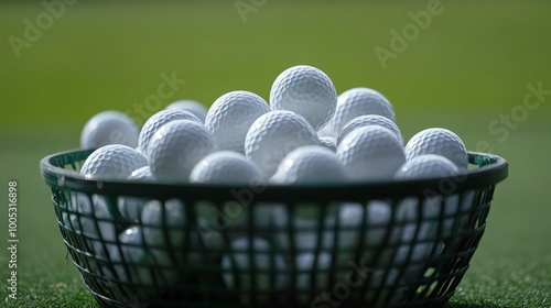 A close-up of a basket filled with pristine white golf balls, perfect for sports and leisure themed projects.