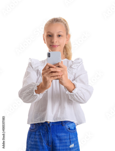 Happy teenager girl with mobile phone isolated on white background