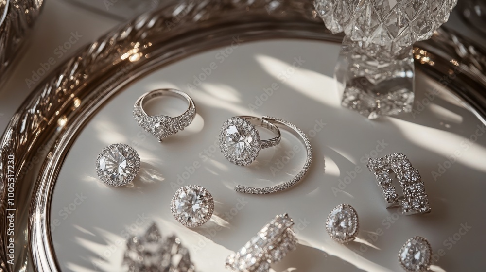 A luxurious flat-lay of diamond jewelry, including rings and necklaces, styled for a wedding. A luxurious flat-lay of diamond jewelry, including rings and necklaces, styled for a wedding.