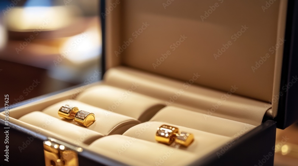 A luxury gold cufflink set displayed in an open box, ready for a formal event. A luxury gold cufflink set displayed in an open box, ready for a formal event.