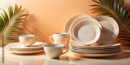 Elegant ceramic dinnerware on peach surface with tropical shadows, perfect for kitchen or restaurant ads , elegant, ceramic