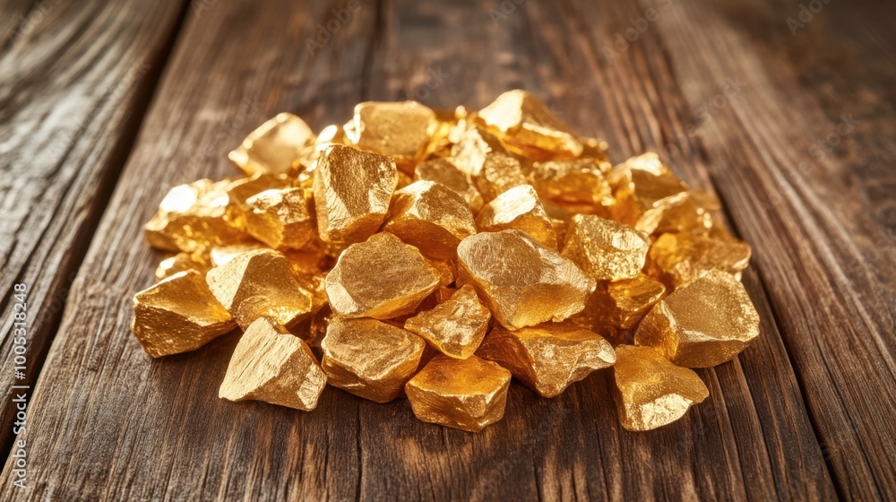 A pile of shiny gold nuggets arranged on a rustic wooden table, evoking a sense of treasure. A pile of shiny gold nuggets arranged on a rustic wooden table, evoking a sense of treasure.