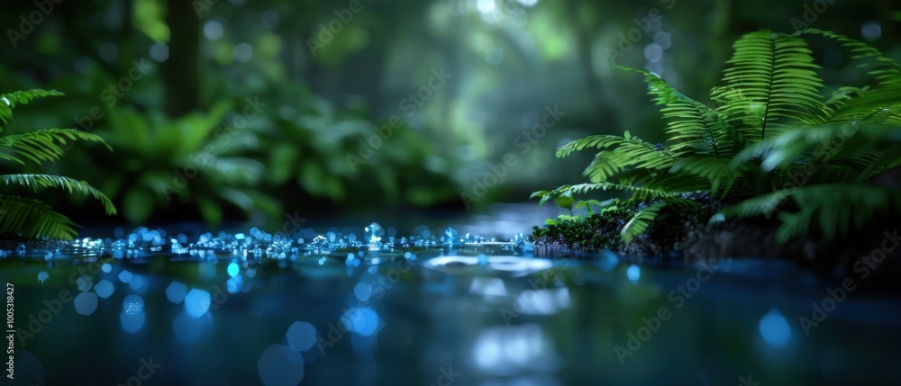 Lush Forest with Sparkling Stream and Ferns Lush Forest with Sparkling Stream and Ferns