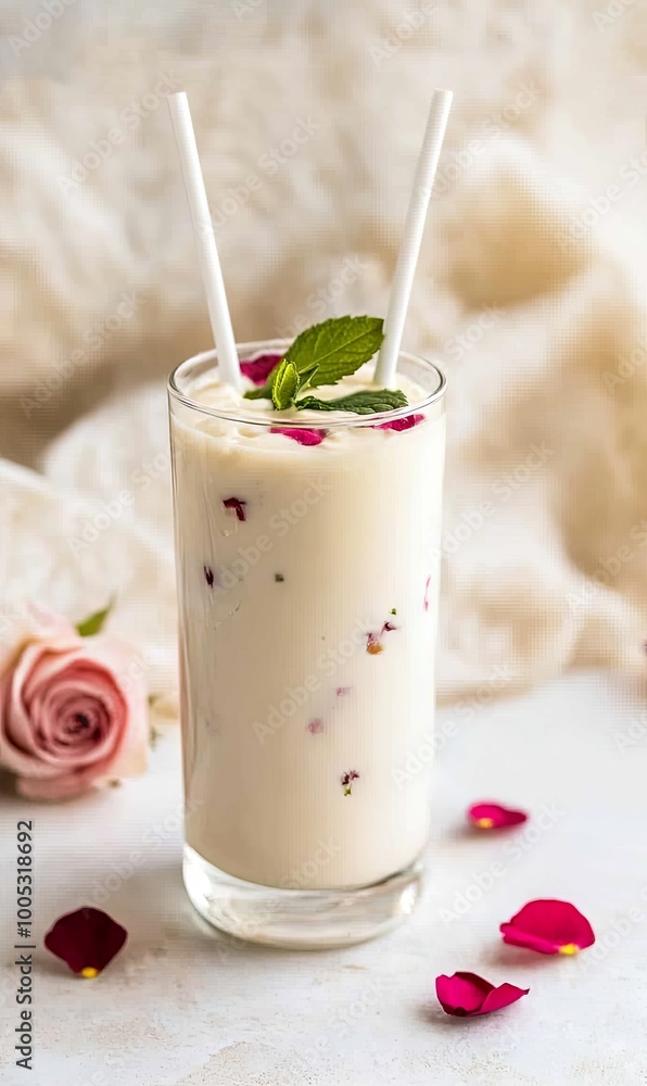A tall glass of creamy milk drink with rose petals and a mint sprig garnish on a white surface. A tall glass of creamy milk drink with rose petals and a mint sprig garnish on a white surface.