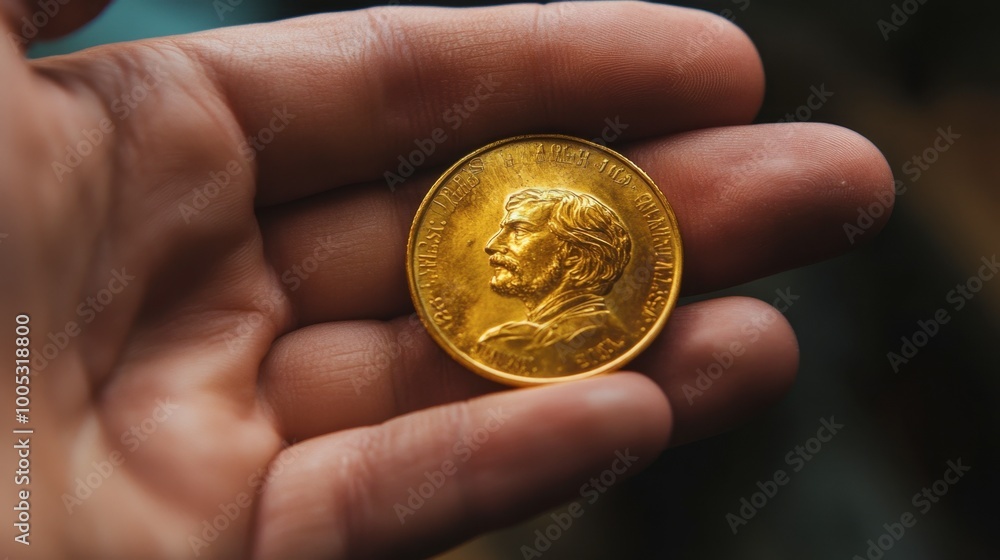 Close-up of a hand holding a polished gold coin, showcasing fine details and craftsmanship. Close-up of a hand holding a polished gold coin, showcasing fine details and craftsmanship.