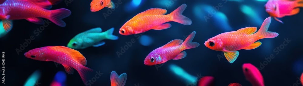 A swarm of bioluminescent deep sea fish, glowing in vibrant hues, showcasing biodiversity in the abyss A swarm of bioluminescent deep sea fish, glowing in vibrant hues, showcasing biodiversity in the abyss