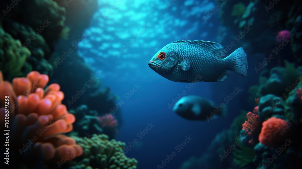 Biodiverse deep sea ecosystem with a variety of bioluminescent fish, lighting up the dark abyss Biodiverse deep sea ecosystem with a variety of bioluminescent fish, lighting up the dark abyss