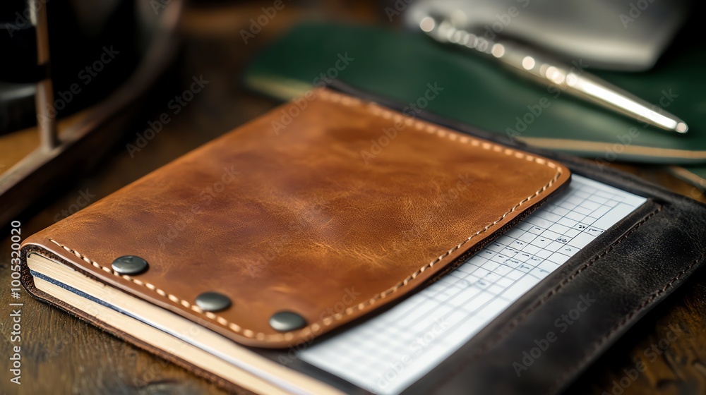 A stylish brown leather notebook with a grid paper interior, perfect for writing notes and ideas in a professional setting. A stylish brown leather notebook with a grid paper interior, perfect for writing notes and ideas in a professional setting.