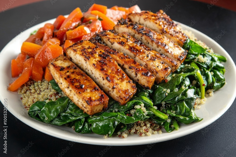 A balanced dinner plate with pan-seared tofu, quinoa, and sautéed spinach, offering a delicious, protein-rich vegetarian option. A balanced dinner plate with pan-seared tofu, quinoa, and sautéed spinach, offering a delicious, protein-rich vegetarian option.