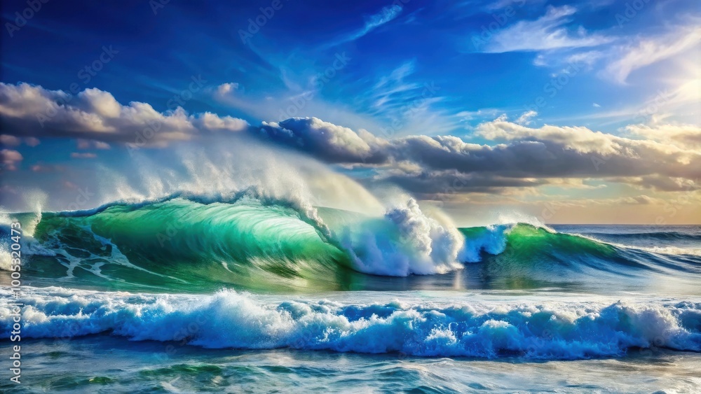 Dramatic seascape with crashing waves under a clear blue sky, turbulent, ocean, waves, dramatic, landscape, clear sky Dramatic seascape with crashing waves under a clear blue sky, turbulent, ocean, waves, dramatic, landscape, clear sky