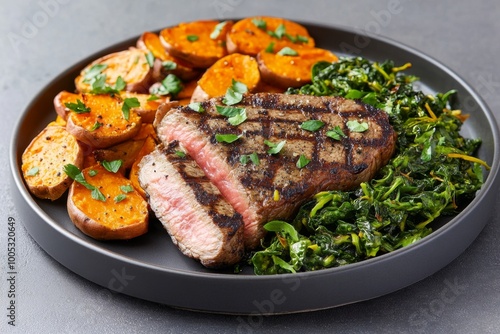 A balanced plate featuring grilled steak, roasted sweet potatoes, and sautÃ©ed greens, showing a perfect mix of protein, carbs, and fiber for a wholesome meal.