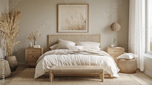 3D render of a mockup frame in a cozy bedroom with coastal boho featuring soft linens  woven accents  and light wood furniture