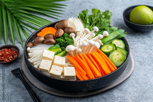 A beautifully arranged vegetarian hotpot with tofu, mushrooms, and vegetables, prepared as a special dish during the Vegetarian Festival.