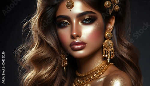 Beauty Fashion Model Girl With Golden Make Up Hair And Jewelry Gold Glowing Skin Metallic Glance 2