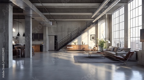 3D render of a modern loft living room with industrial decor, featuring concrete floors, metal beams, and minimalist, urban design