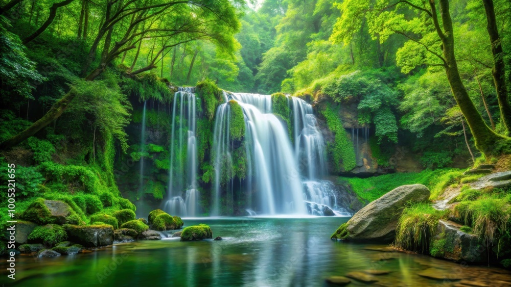 Fototapeta premium Serene waterfall cascading through lush green forest, waterfall, deep, forest, nature, scenic, serene, remote, tranquil, greenery