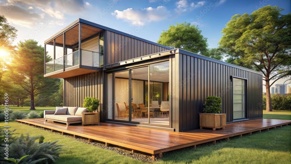 Obraz premium Modern shipping container house home on a sunny day , sustainable, eco-friendly, living accommodation