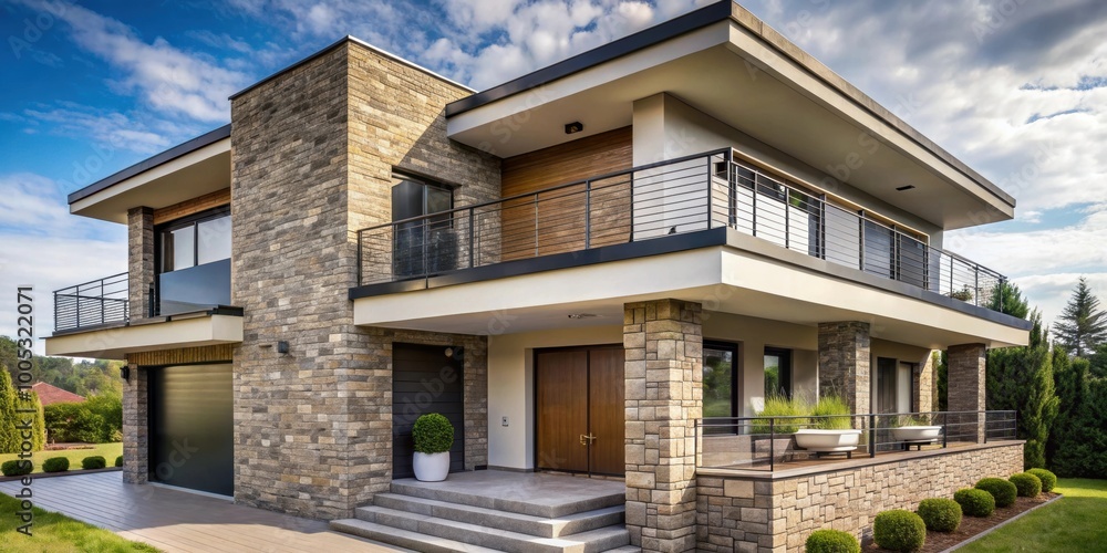 Modern two-story house with balcony and stone facade, modern, two-story, house, balcony, stone facade, architecture Modern two-story house with balcony and stone facade, modern, two-story, house, balcony, stone facade, architecture
