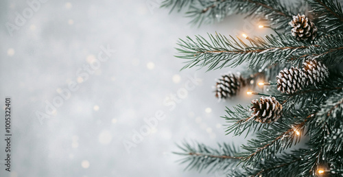 A close-up of an evergreen pine tree branch with lights and cones on the left side