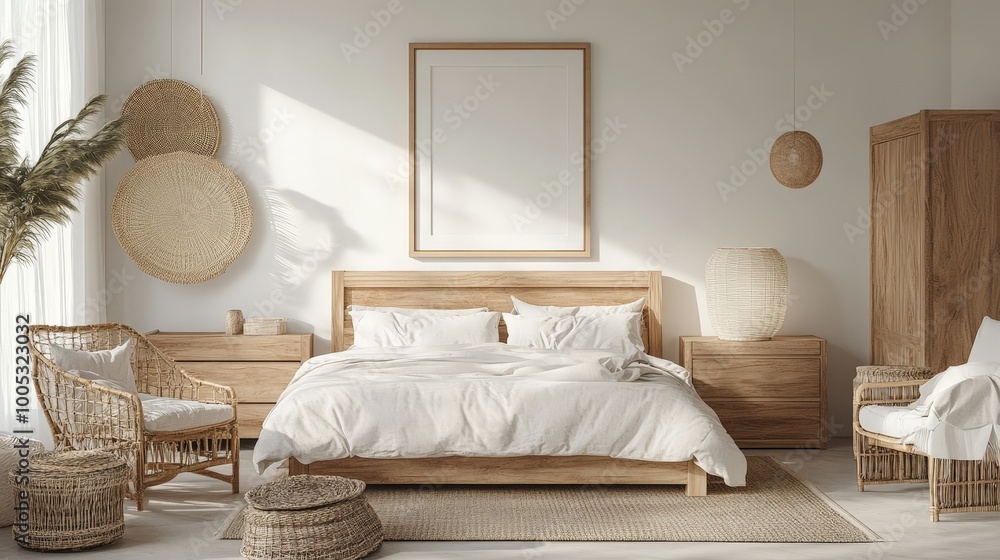 3D render of a serene bedroom with a mockup frame, adorned with light wood furniture and soft textures that create a breezy, beachy atmosphere 3D render of a serene bedroom with a mockup frame, adorned with light wood furniture and soft textures that create a breezy, beachy atmosphere