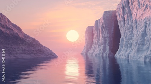 3D render of a sleek, futuristic landscape with cliffs and calm water, set in a minimal abstract setting with ethereal sunset lighting