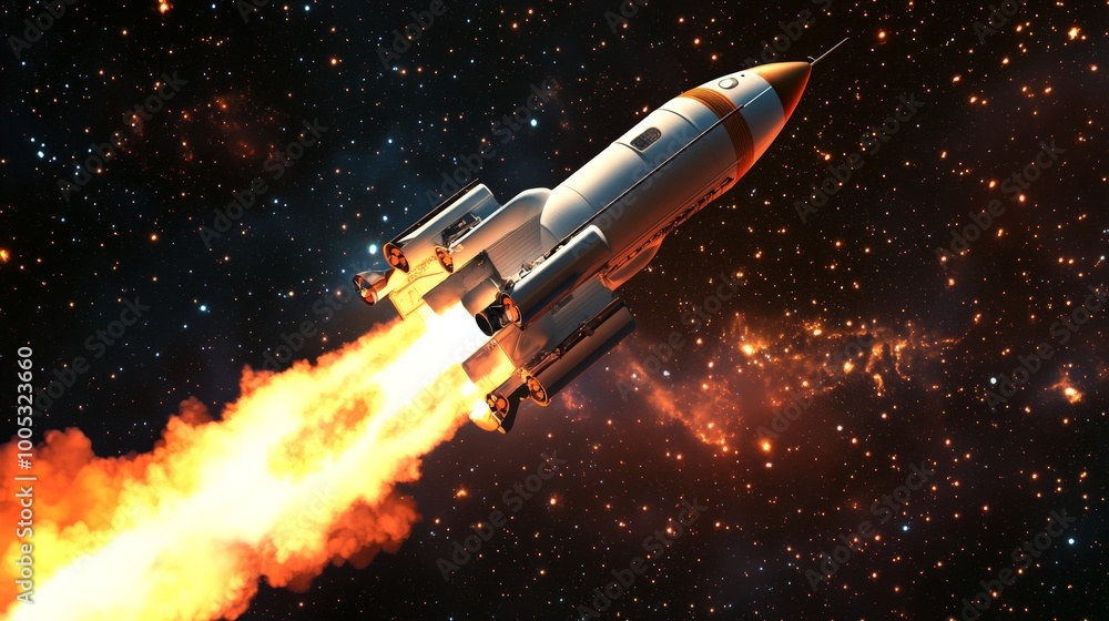 3D render of a space rocket blasting off, with an emphasis on the powerful thrust, fiery exhaust, and ascending trajectory 3D render of a space rocket blasting off, with an emphasis on the powerful thrust, fiery exhaust, and ascending trajectory