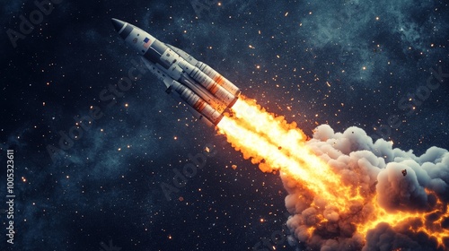 Fototapeta Naklejka Na Ścianę i Meble -  3D render of a space rocket blasting off, with an emphasis on the powerful thrust, fiery exhaust, and ascending trajectory