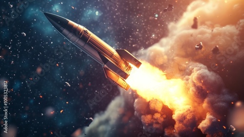 Wallpaper Mural 3D render of a space rocket launch, featuring realistic fire and smoke effects as the rocket begins its ascent into space Torontodigital.ca