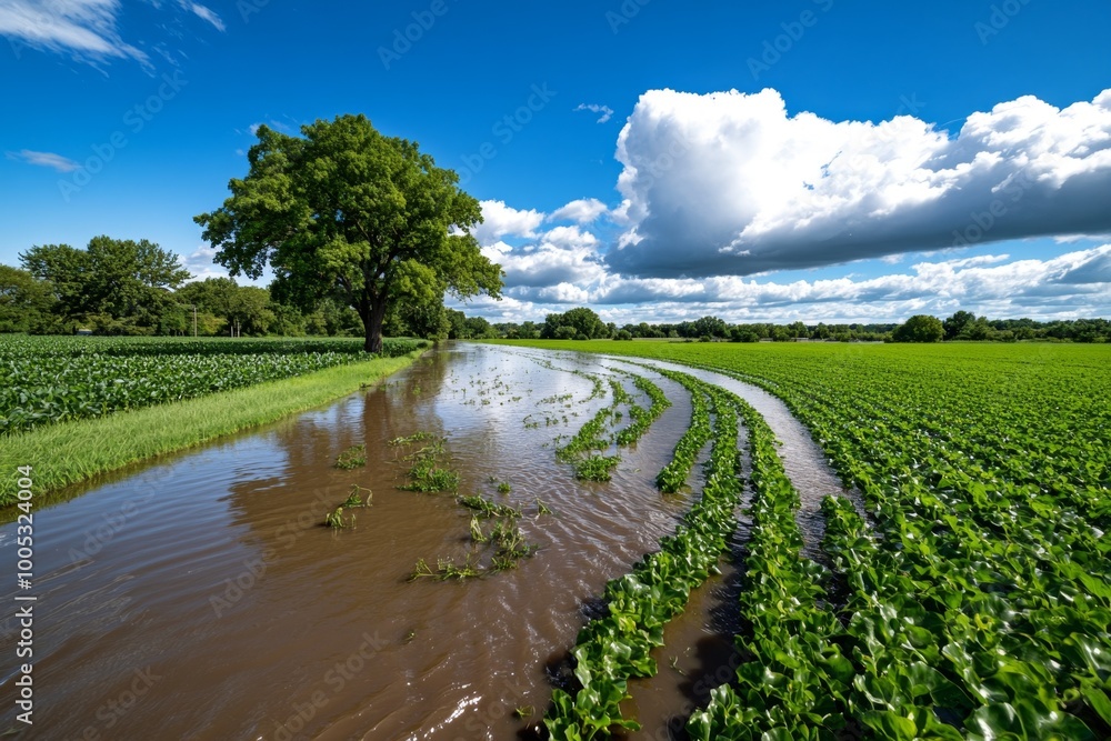 Naklejka premium A farm field completely submerged by a flash flood, with crops under water and the force of the flood reshaping the landscape
