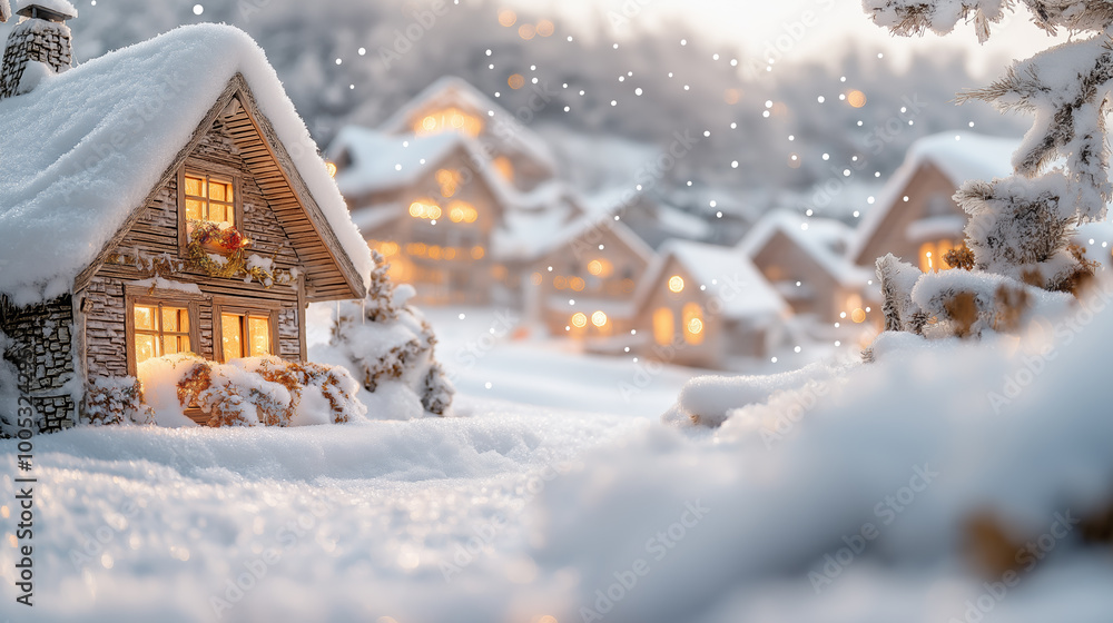 Enchanting snowy village with cozy log cabins and warm glowing windows at sunset Enchanting snowy village with cozy log cabins and warm glowing windows at sunset