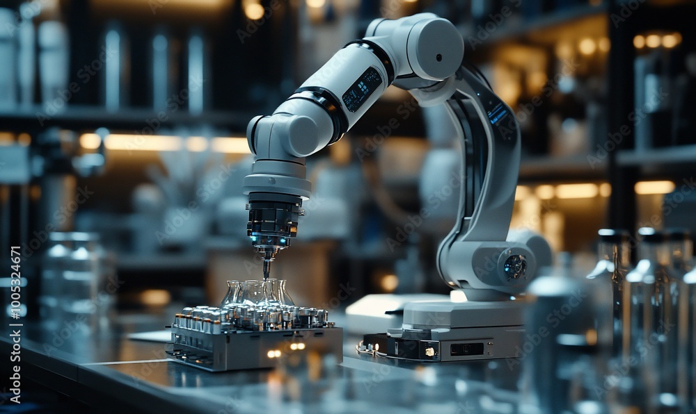 Robotic arm working in a laboratory. Robotic arm working in a laboratory.