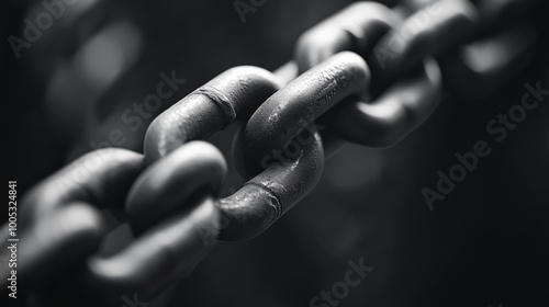 Close-up of a textured metal chain link, showcasing strength and durability in black and white aesthetics.