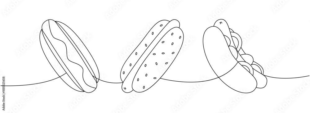 Hot dog set one line continuous drawing. Long buns, wiener sausage, vegetables, sauces. Vector linear illustration. Hot dog set one line continuous drawing. Long buns, wiener sausage, vegetables, sauces. Vector linear illustration.