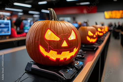 A futuristic jack-o'-lantern carving contest, where guests use advanced tools and holographic displays to create glowing, high-tech pumpkins.