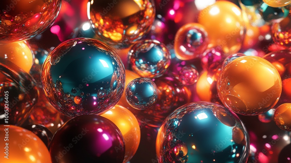 3D render of abstract spheres in a dynamic arrangement, showcasing a blend of metallic and glossy textures with vibrant colors 3D render of abstract spheres in a dynamic arrangement, showcasing a blend of metallic and glossy textures with vibrant colors