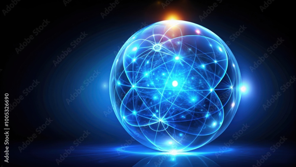 Obraz premium Abstract round blue sphere with glowing energy magic molecule and cosmic atoms on black background, energy, magic
