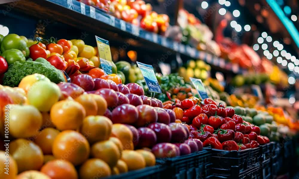 Close-up of fresh vegetables and fruits on the counter of a store or market Close-up of fresh vegetables and fruits on the counter of a store or market