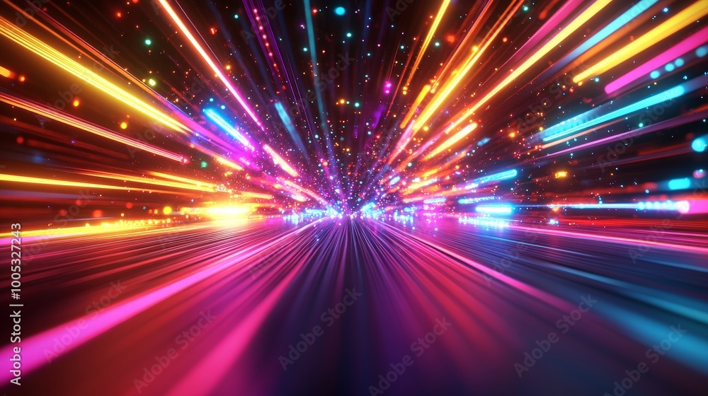 3D render of an abstract background with a spectrum of colorful neon rays and glowing lines, offering a bright and energetic visual experience 3D render of an abstract background with a spectrum of colorful neon rays and glowing lines, offering a bright and energetic visual experience