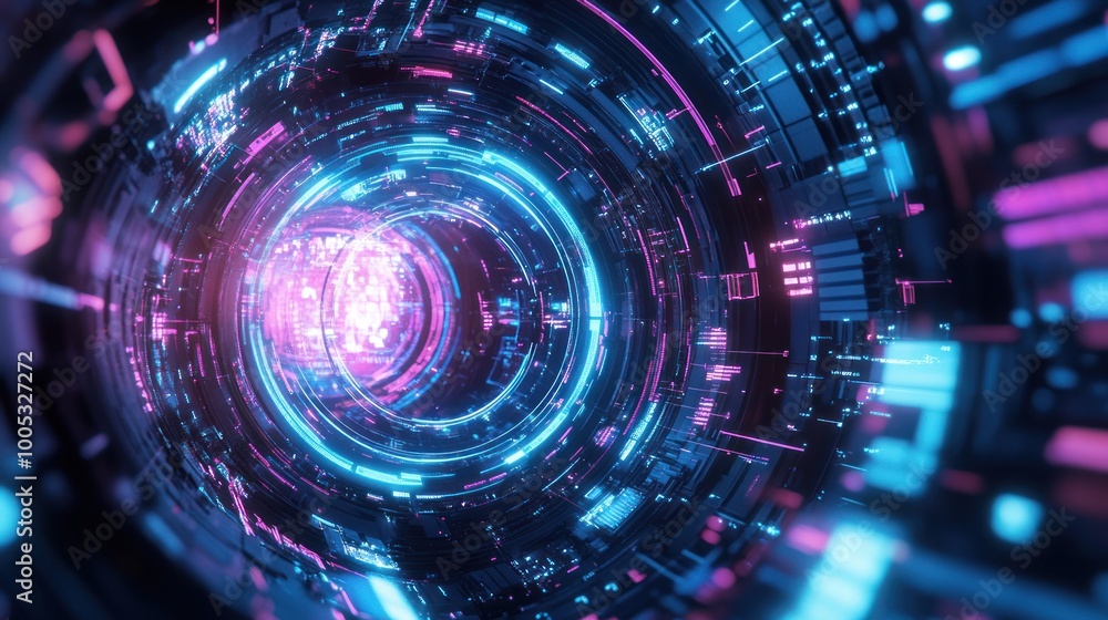 A vibrant, futuristic digital tunnel with glowing blue and pink elements. A vibrant, futuristic digital tunnel with glowing blue and pink elements.