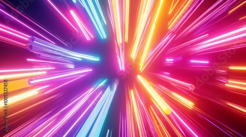 3D render of an abstract background with vibrant, colorful spectrum, featuring bright neon rays and glowing lines creating a dynamic, energetic scene