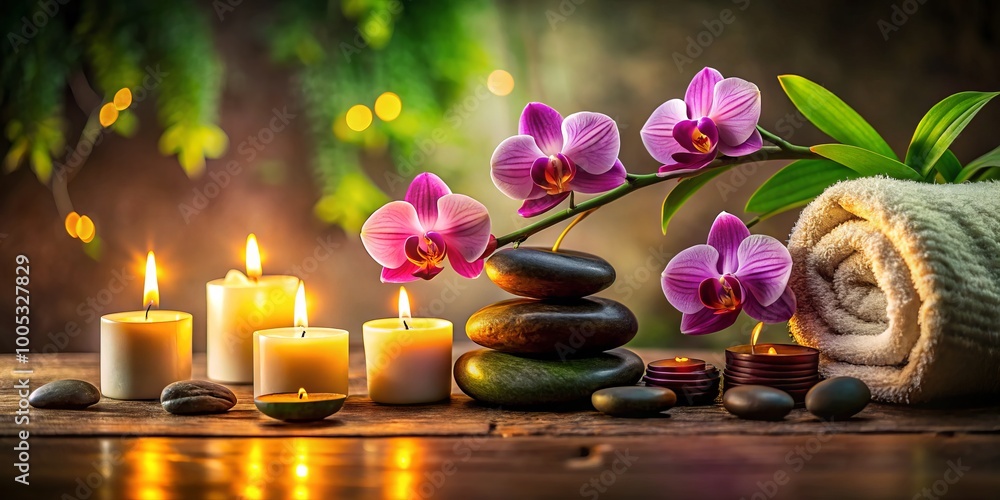 In a soothing spa environment, smooth massage stones, blooming orchid flowers, soft towels, and the gentle glow of In a soothing spa environment, smooth massage stones, blooming orchid flowers, soft towels, and the gentle glow of