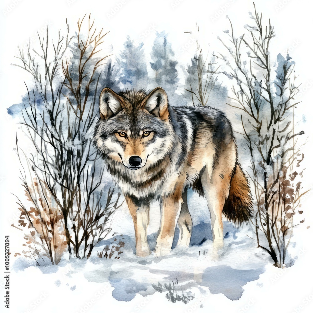 Fototapeta premium A detailed illustration of a wolf in a snowy forest setting.