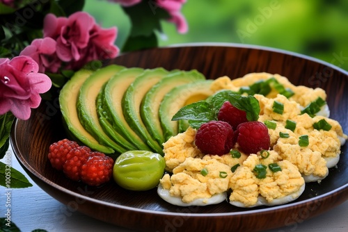 A healthy, controlled breakfast with scrambled egg whites, avocado, and a small portion of fruit, arranged for balance and portion control.