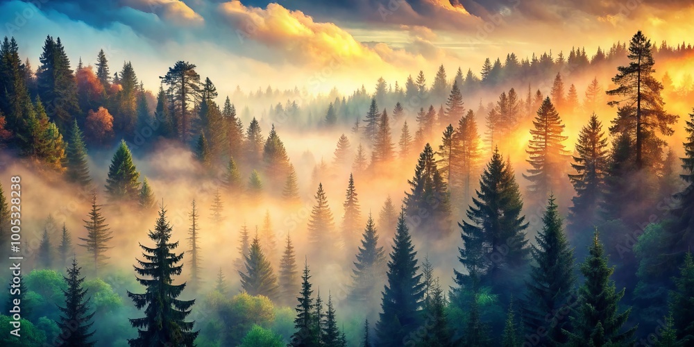 Obraz premium In a timeless landscape, fog envelops majestic fir trees, crafting a serene, atmospheric scene that captivates the