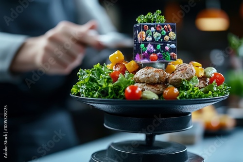 A high-tech balanced meal with holographic food displays, where each element of the meal is optimized for nutrition and served in a futuristic kitchen. photo